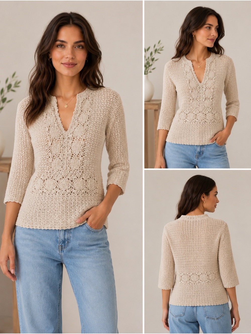 J. Crew Beige Crochet V-Neck Sweater 100% Cotton Size XS
